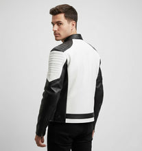 Laden Sie das Bild in den Galerie-Viewer, Herren zweifarbige Cafe Racer Lederjacke – Schwarz-weißer Moto-Stil