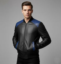 Laden Sie das Bild in den Galerie-Viewer, Herren-Lederbomberjacke in Schwarz & Königsblau – zweifarbig im Varsity-Stil