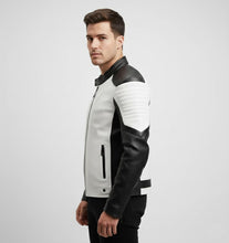 Laden Sie das Bild in den Galerie-Viewer, Herren zweifarbige Cafe Racer Lederjacke – Schwarz-weißer Moto-Stil
