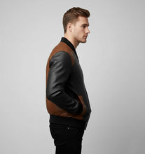 Load image into Gallery viewer, Men’s Tri-Color Leather Bomber Jacket – Real Varsity Style