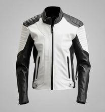 Laden Sie das Bild in den Galerie-Viewer, Herren zweifarbige Cafe Racer Lederjacke – Schwarz-weißer Moto-Stil