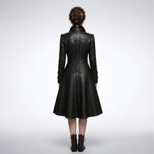 Laden Sie das Bild in den Galerie-Viewer, Damen Schwarzer Gothic Viktorianischer Leder-Trenchcoat – Eleganter Langer Statement-Mantel