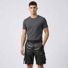 Laden Sie das Bild in den Galerie-Viewer, Men’s Black Leather Cargo Utility Shorts – Premium Biker Streetwear Shorts