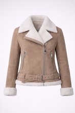 Load image into Gallery viewer, Women's Beige Suede Shearling Biker Jacket