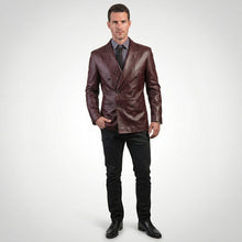 Laden Sie das Bild in den Galerie-Viewer, Men’s Burgundy Lambskin Leather Double Breasted Blazer – Travel Hide