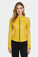 Load image into Gallery viewer, Women’s Yellow Sheepskin Cafe Racer Leather Jacket