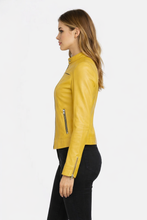 Load image into Gallery viewer, Women’s Yellow Sheepskin Cafe Racer Leather Jacket