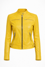 Load image into Gallery viewer, Women’s Yellow Sheepskin Cafe Racer Leather Jacket