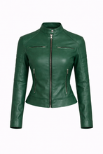 Laden Sie das Bild in den Galerie-Viewer, Grüne Cafe Racer Lederjacke für Damen