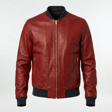 Load image into Gallery viewer, Men’s Red Lambskin Leather Bomber Jacket – Slim Fit Fashion Aviator Coat