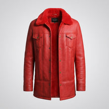 Laden Sie das Bild in den Galerie-Viewer, Men’s Red Shearling Leather Trucker Jacket – Winter Sherpa Lined Coat