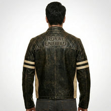 Laden Sie das Bild in den Galerie-Viewer, Men’s Distressed Brown Cafe Racer Leather Jacket – Royal Enfield Inspired Biker Coat