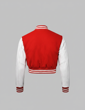 Load image into Gallery viewer, Women’s Red & White Varsity Jacket – Button Closure Ribbed Trim Bomber