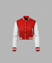 Load image into Gallery viewer, Women’s Red & White Varsity Jacket – Button Closure Ribbed Trim Bomber