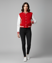 Load image into Gallery viewer, Women’s Red & White Varsity Jacket – Button Closure Ribbed Trim Bomber