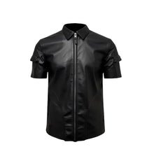 Laden Sie das Bild in den Galerie-Viewer, Handmade Half-sleeves Black Leather Biker Shirt Leather Outlet