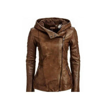 Laden Sie das Bild in den Galerie-Viewer, Handmade women Lambskin Leather Jacket Quilted Hooded Leather Outlet