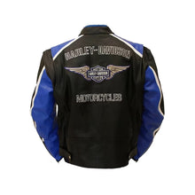 Laden Sie das Bild in den Galerie-Viewer, Harley Davidson Men's Blue & Black Leather Biker Jacket Leather Outlet