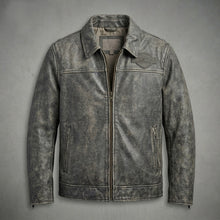 Load image into Gallery viewer, Men’s Harley-Style Black Leather Moto Jacket – Orange & White Racing Stripe Edition