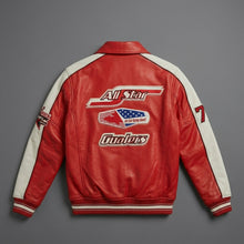 Load image into Gallery viewer, Men’s Classic Leather Moto Jacket – Orange & Cream Contrast Panel Design