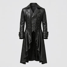 Laden Sie das Bild in den Galerie-Viewer, Herren schwarzer Steampunk Gothic Ledersmoking – Viktorianischer langer Mantel