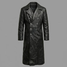 Load image into Gallery viewer, Men’s German Officer Style Black Leather Trench Coat – Military Inspired Long Coat