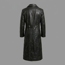 Load image into Gallery viewer, Men’s German Officer Style Black Leather Trench Coat – Military Inspired Long Coat