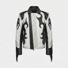 Load image into Gallery viewer, Men’s Black & White Studded Cowboy Leather Jacket – Western Biker Coat