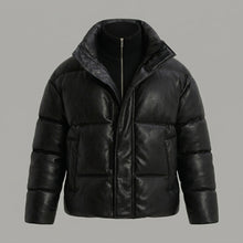 Load image into Gallery viewer, Men’s Black Faux Leather Puffer Jacket – High Neck Winter Coat