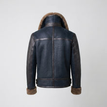 Load image into Gallery viewer, Men’s Blue Sheepskin Shearling Leather Jacket – Premium Winter Aviator Coat