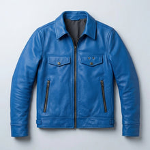 Load image into Gallery viewer, Men’s Blue Trucker Style Cafe Racer Leather Jacket – Motorcycle Biker Jacket