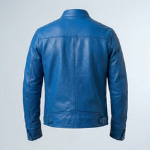 Load image into Gallery viewer, Men’s Blue Trucker Style Cafe Racer Leather Jacket – Motorcycle Biker Jacket