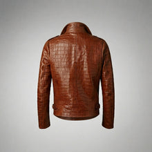 Laden Sie das Bild in den Galerie-Viewer, Men’s Brown Croc Embossed Leather Biker Jacket – Premium Moto Jacket