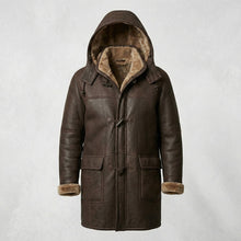 Laden Sie das Bild in den Galerie-Viewer, Men’s Brown Shearling Hooded Coat – Genuine Shearling Winter Coat