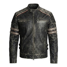 Laden Sie das Bild in den Galerie-Viewer, Men’s Distressed Black Cow Leather Biker Jacket – Vintage Quilted Moto Jacket