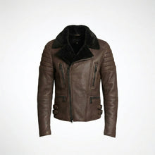 Laden Sie das Bild in den Galerie-Viewer, Men’s Brown Shearling Cafe Racer Leather Jacket – Vintage Aviator Biker Coat