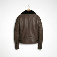 Laden Sie das Bild in den Galerie-Viewer, Men’s Brown Shearling Cafe Racer Leather Jacket – Vintage Aviator Biker Coat