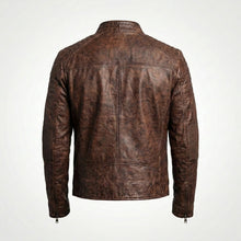 Load image into Gallery viewer, Men’s Coffee Brown Distressed Sheepskin Cafe Racer Leather Jacket