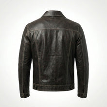 Load image into Gallery viewer, Men’s Dark Brown Leather Trucker Jacket – Contrast Stitch Snap Button Coat