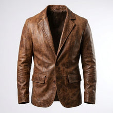 Laden Sie das Bild in den Galerie-Viewer, Men’s Distressed Brown Leather Blazer – Classic Two-Button Tailored Jacket