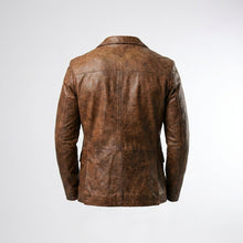 Laden Sie das Bild in den Galerie-Viewer, Men’s Distressed Brown Leather Blazer – Classic Two-Button Tailored Jacket
