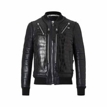 Laden Sie das Bild in den Galerie-Viewer, Leather Black Bomber Crocodile Leather Jacket Leather Outlet