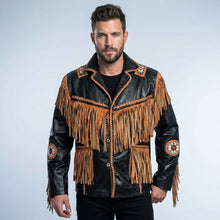 Load image into Gallery viewer, Men’s Cowboy Cowhide Leather Jacket – Fringe & Beaded Western Coat