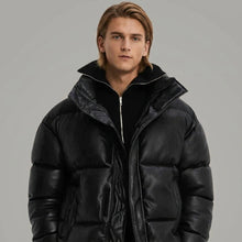 Load image into Gallery viewer, Men’s Black Faux Leather Puffer Jacket – High Neck Winter Coat