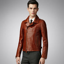 Laden Sie das Bild in den Galerie-Viewer, Men’s Brown Croc Embossed Leather Biker Jacket – Premium Moto Jacket