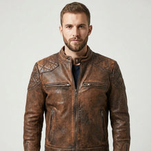 Laden Sie das Bild in den Galerie-Viewer, Men’s Brown Distressed Cafe Racer Leather Jacket – Vintage Biker Coat
