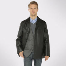 Laden Sie das Bild in den Galerie-Viewer, Men’s Black Lambskin Leather Overcoat Blazer Jacket