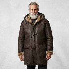 Laden Sie das Bild in den Galerie-Viewer, Men’s Brown Shearling Hooded Coat – Genuine Shearling Winter Coat