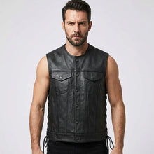 Laden Sie das Bild in den Galerie-Viewer, Men’s Black Sheepskin Leather Biker Vest – Premium Motorcycle Vest