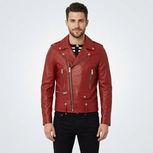 Laden Sie das Bild in den Galerie-Viewer, Men's Red Leather Biker Jacket - Bold, Stylish & Real Leather